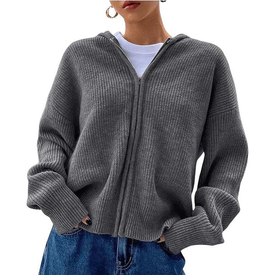 Damen-Strickjacke mit Kapuze und Reißverschluss