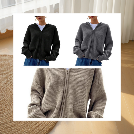 Damen-Strickjacke mit Kapuze und Reißverschluss