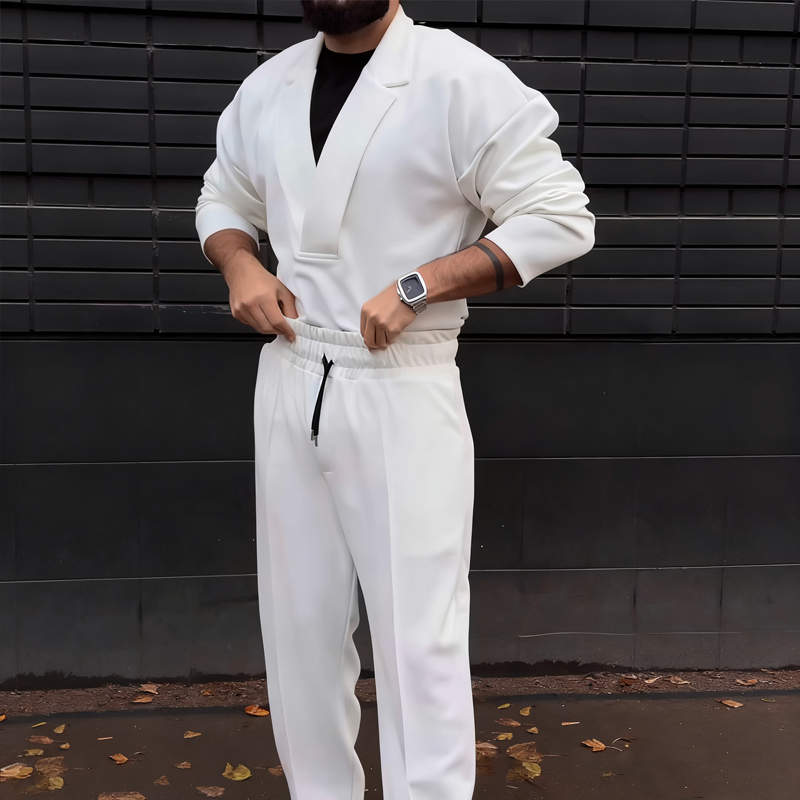 Men's Casual Lapel Top & Drawstring Pants Set