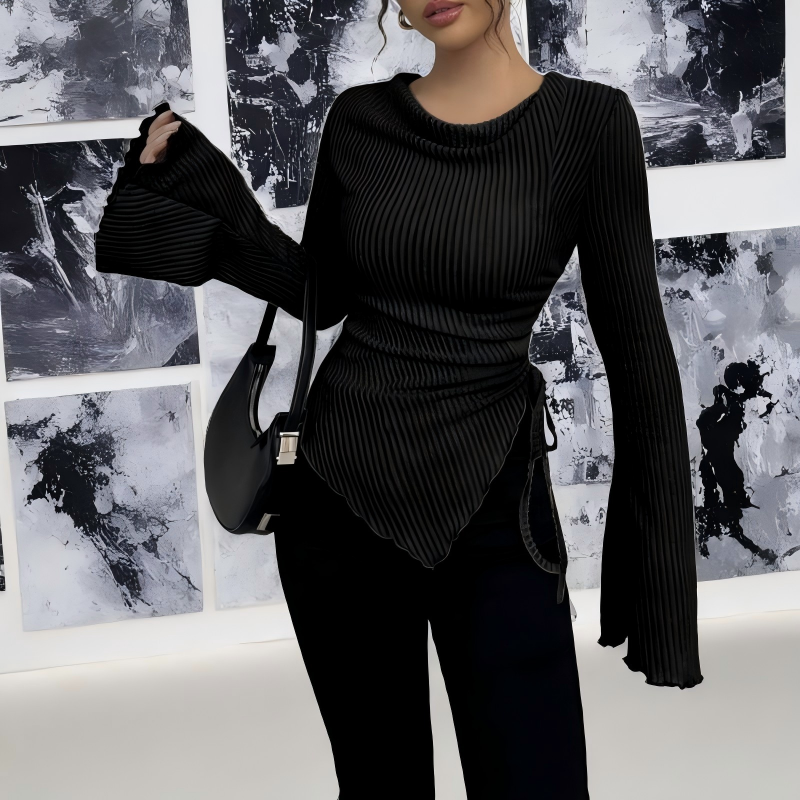 Funnel Neck Flare Sleeve Knit Top with Side Drawstring