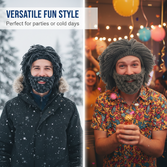 Punk-style hat with an attached simple wig and knitted beard