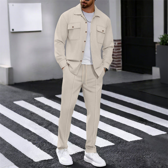 🔥 Men's Waffle Button-Up Jacket & Trousers Set – Breathable Waffle Knit, Relaxed Fit & Effortless Casual Style 👕👖