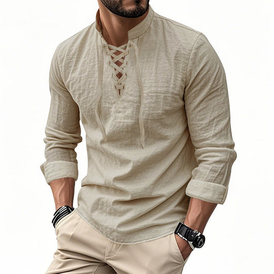 👔 50% OFF NOW! 💎 Men's Casual Solid Color Shirt – Lace-Up Neck, Modern Stand Collar & Breathable Cotton ✨