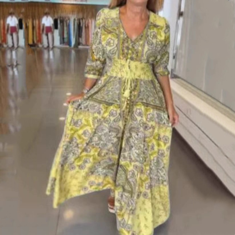 Women’s Elegant Floral Drawstring Long Dress