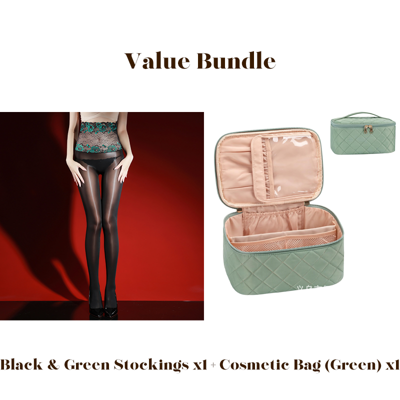 Value Bundle: 8D Oil-Sheen Rose Lace Stockings + Cosmetic Bag