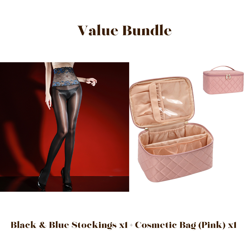Value Bundle: 8D Oil-Sheen Rose Lace Stockings + Cosmetic Bag