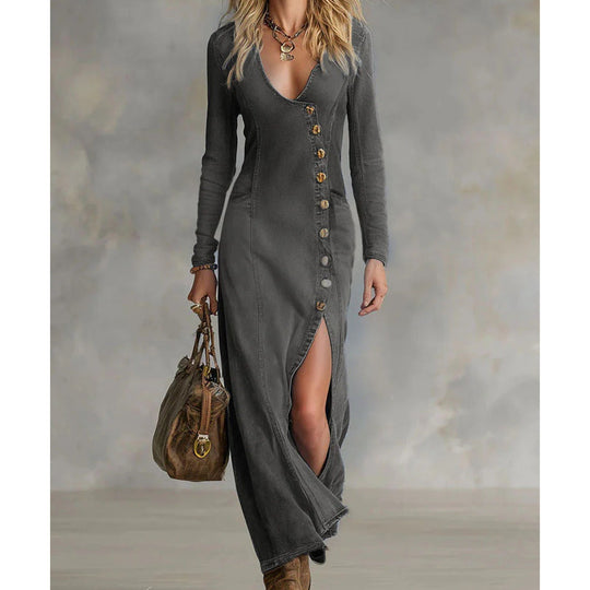 💎 Vestido largo de manga larga con escote en V para mujer: tejido suave, corte ajustado &  Elegante abertura alta 👗✨