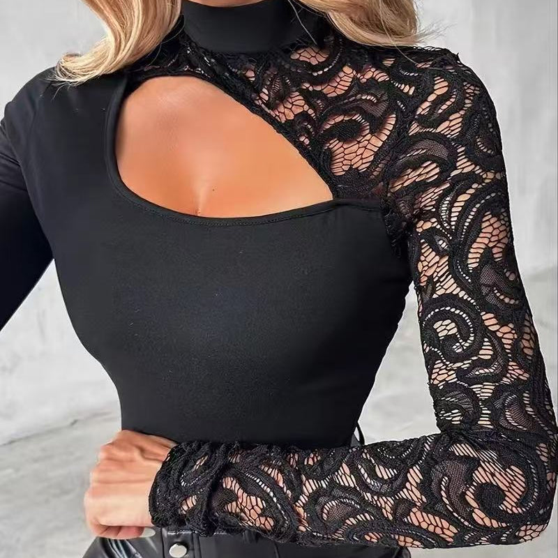 🔈🔈NOVA CHEGADA 50% DE DESCONTO🌸Top de manga de encaixe con recorte asimétrico para muller👚