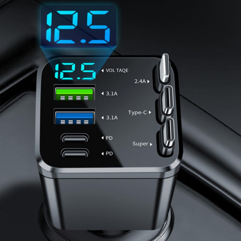 🎁Time-Sensitive Exclusive Deal! ⏰Fast Charging 7-in-1 Retractable Fast Car Charger with Voltage Display – USB-C For Android&Lighting For APPLE🔋📱