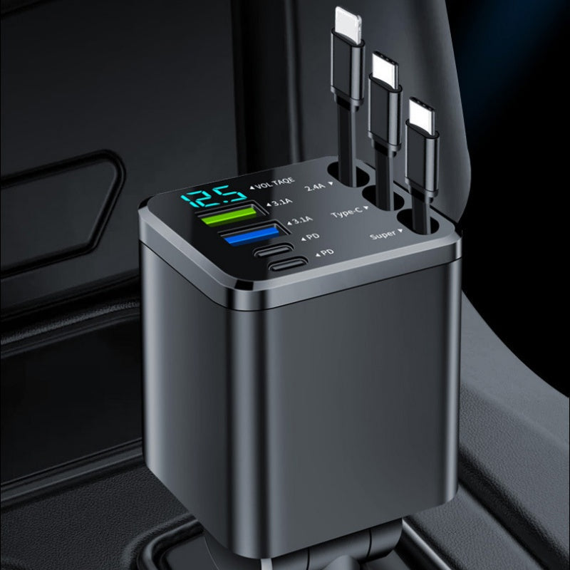 🎁Time-Sensitive Exclusive Deal! ⏰Fast Charging 7-in-1 Retractable Fast Car Charger with Voltage Display – USB-C For Android&Lighting For APPLE🔋📱
