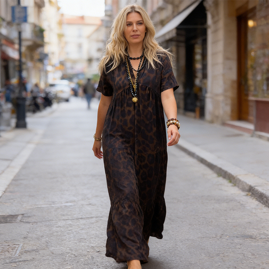 ✨Summer Hot Sale-50% Off!!👗📿Women's V-Neck Leopard Print Maxi Dress With Free Necklace
