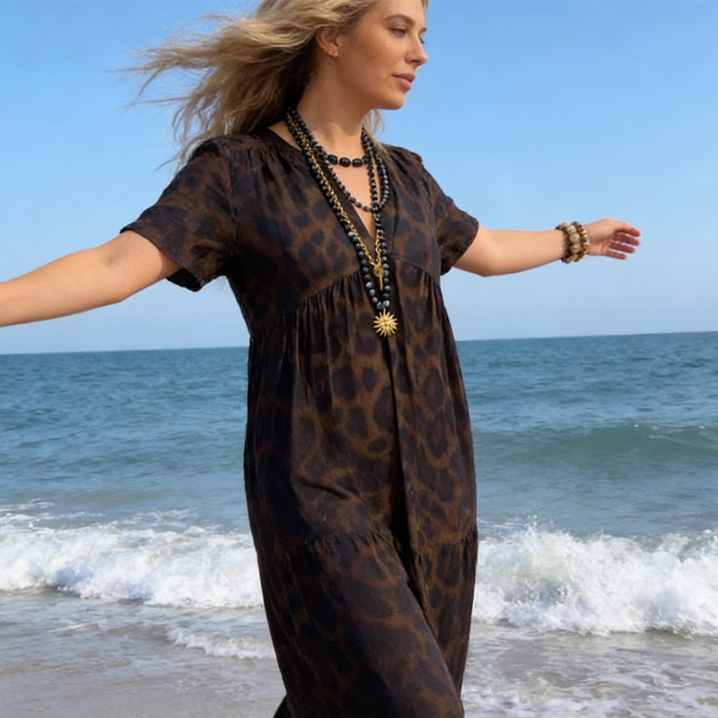 ✨Summer Hot Sale-50% Off!!👗📿Women's V-Neck Leopard Print Maxi Dress With Free Necklace