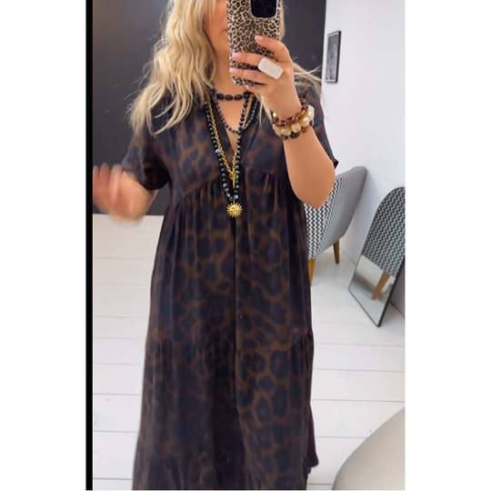 ✨Summer Hot Sale-50% Off!!👗📿Women's V-Neck Leopard Print Maxi Dress With Free Necklace