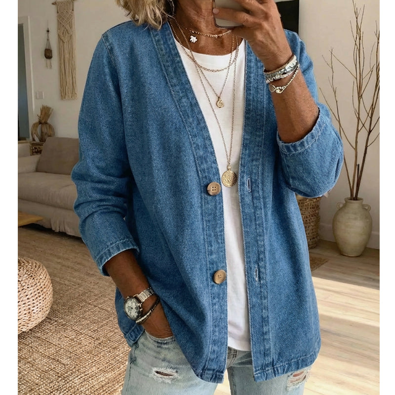 🧥 60% OFF NOW! ✨ Women's Classic Button Front Denim Jacket – V-Neck, Breathable Fabric & Relaxed Fit 💙