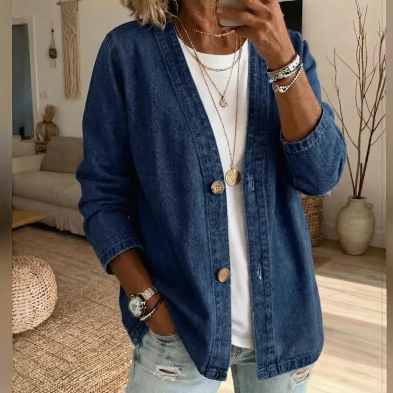 🧥 60% OFF NOW! ✨ Women's Classic Button Front Denim Jacket – V-Neck, Breathable Fabric & Relaxed Fit 💙