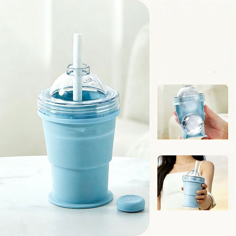 Portable Silicone Cup with Straw & Ice Mold