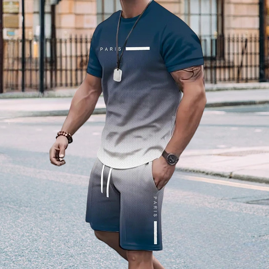 🌈👕 Men's Gradient Color 2-Piece Set – T-Shirt & Shorts, Breathable, Relaxed Fit 🩳