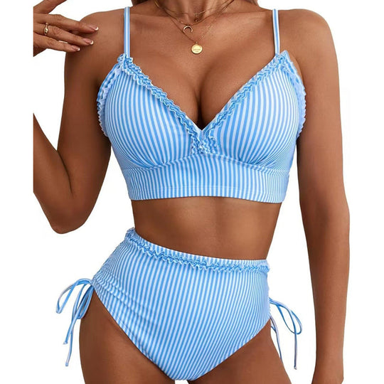 Striped Ruffle Trim High-Waisted Bikini Set