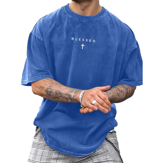 Men's Vintage T-Shirt with Cross & Letter Print