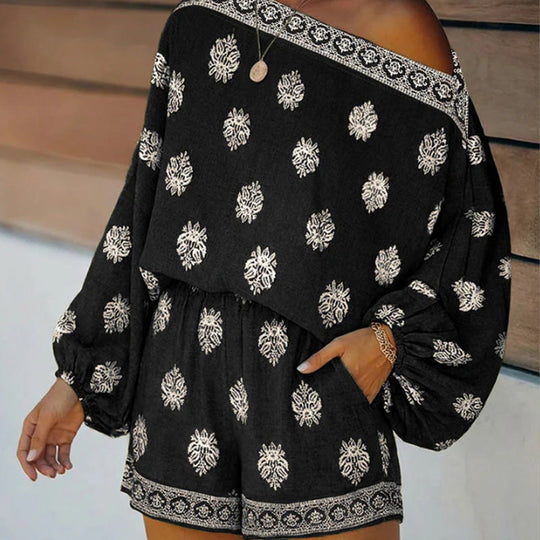 👒 LIMITED-TIME 50% OFF! ✨ Bohemian Off-Shoulder Jumpsuit – Printed, Elastic Waist, Side Pockets 🌺