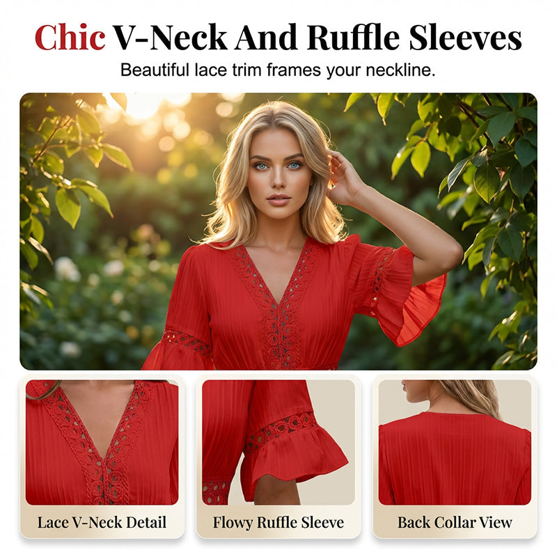 🌸Chic V-Neck Dress with Lace Cutout Details✨ Step Into Summer In Style