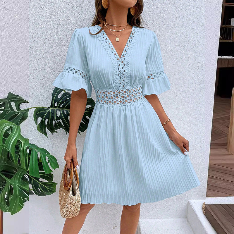 🌸Chic V-Neck Dress with Lace Cutout Details✨ Step Into Summer In Style