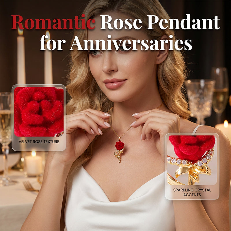 🌹✨ Elegant Red Rose Pendant Necklace – Velvet Bloom, Crystal Accents, Gold-Tone ✨