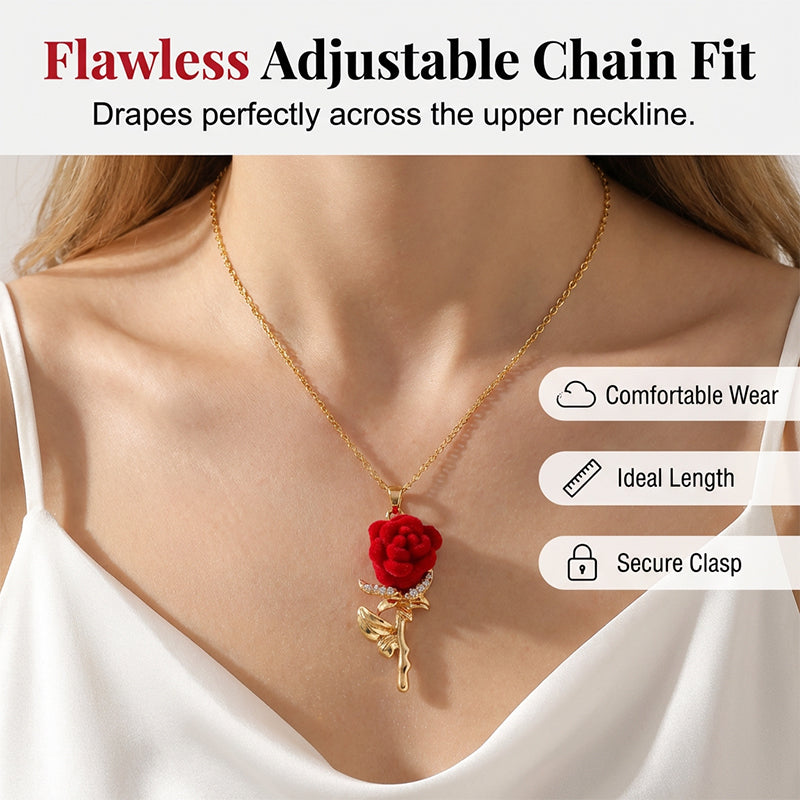 🌹✨ Elegant Red Rose Pendant Necklace – Velvet Bloom, Crystal Accents, Gold-Tone ✨