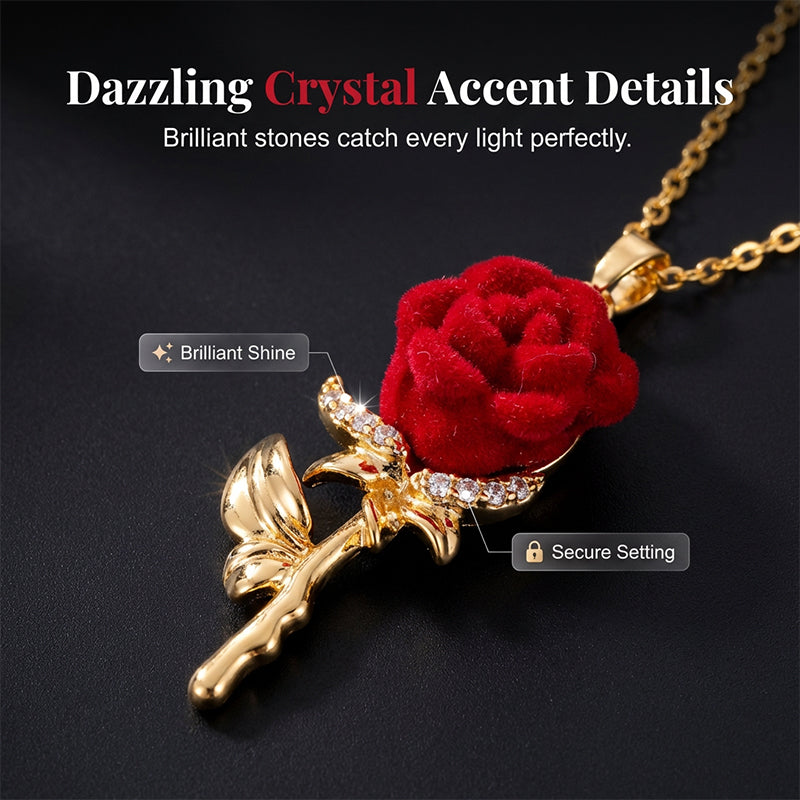 🌹✨ Elegant Red Rose Pendant Necklace – Velvet Bloom, Crystal Accents, Gold-Tone ✨