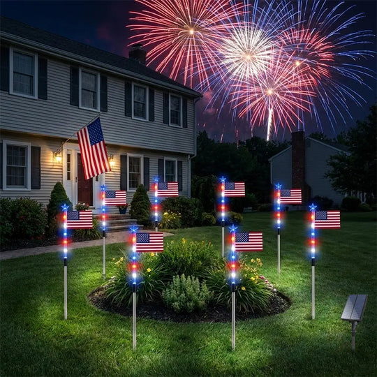 🔥8 Solar American Flag Pathway Lights – Red, White & Blue Yard Glow for 250th Independence Celebration 🇺🇸✨