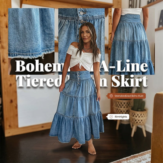 👗 LIMITED-TIME 50% OFF! ✨ Denim Maxi Skirt – High Waist, Tiered, A-Line, Button Front ✨