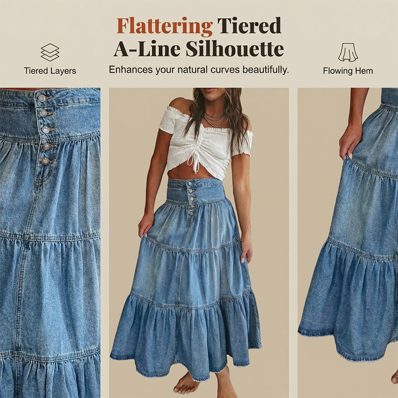 👗 LIMITED-TIME 50% OFF! ✨ Denim Maxi Skirt – High Waist, Tiered, A-Line, Button Front ✨