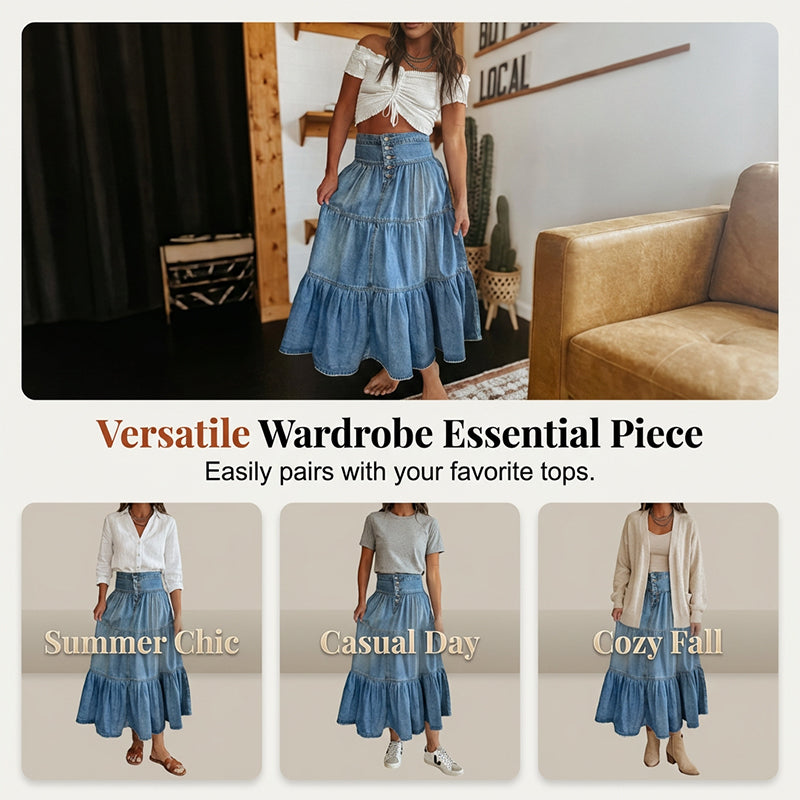 👗 LIMITED-TIME 50% OFF! ✨ Denim Maxi Skirt – High Waist, Tiered, A-Line, Button Front ✨