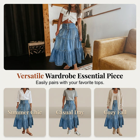 👗 LIMITED-TIME 50% OFF! ✨ Denim Maxi Skirt – High Waist, Tiered, A-Line, Button Front ✨