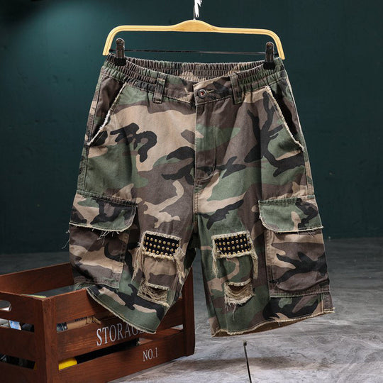 🎁2026 New Arrivals 50% OFF💥Men's Studded Camo Cargo Shorts – Distressed, Multi-Pocket & Elastic Waist – Rugged Streetwear Cargo Shorts 🛹