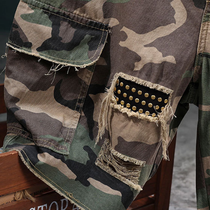 🎁2026 New Arrivals 50% OFF💥Men's Studded Camo Cargo Shorts – Distressed, Multi-Pocket & Elastic Waist – Rugged Streetwear Cargo Shorts 🛹