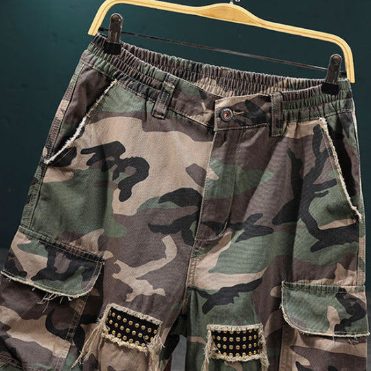 🎁2026 New Arrivals 50% OFF💥Men's Studded Camo Cargo Shorts – Distressed, Multi-Pocket & Elastic Waist – Rugged Streetwear Cargo Shorts 🛹