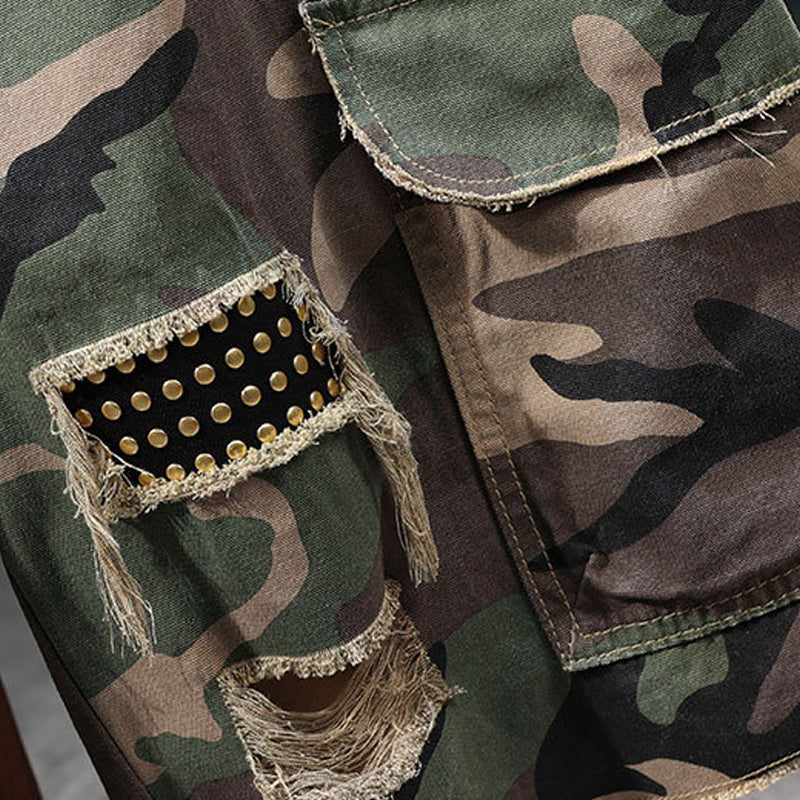 🎁2026 New Arrivals 50% OFF💥Men's Studded Camo Cargo Shorts – Distressed, Multi-Pocket & Elastic Waist – Rugged Streetwear Cargo Shorts 🛹