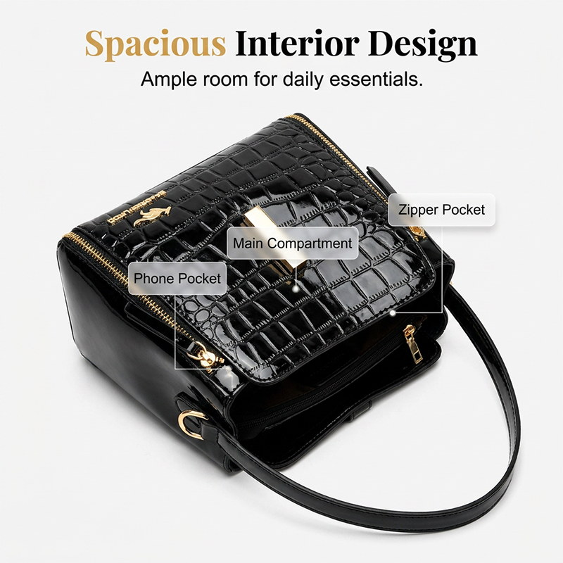 👜 50% OFF! ✨ Glossy Crocodile Pattern Women's Handbag – Structured, Gold Hardware, Spacious & Chic 💼