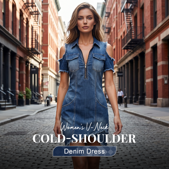 👗 50% OFF NOW! 💙 Women's Cold-Shoulder Denim Dress – V-Neck, Flowy & Boho – Effortless Summer Style with a Touch of Edge 🌸