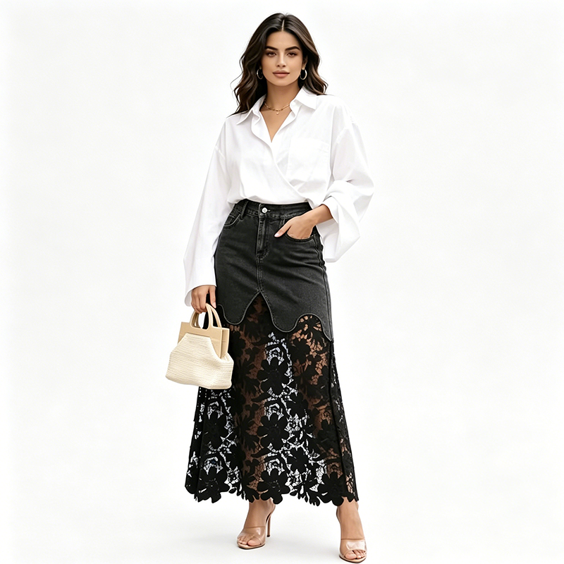 🎁New Arrival 50% OFF💥Women's Denim Bodycon Skirt with Hollow Lace Trim💙