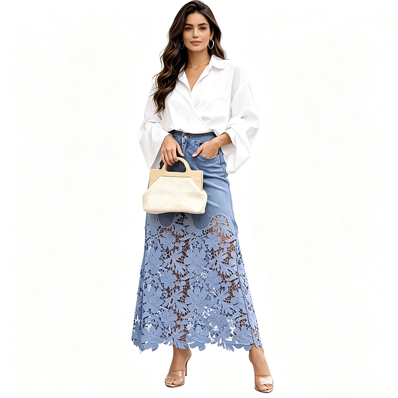🎁New Arrival 50% OFF💥Women's Denim Bodycon Skirt with Hollow Lace Trim💙