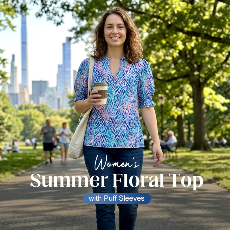 🌸 50% OFF NOW! 🌸Women's Boho V-Neck Puff Sleeve Blouse | Floral Print Dressy Casual Top for Office & Weekend Wear
