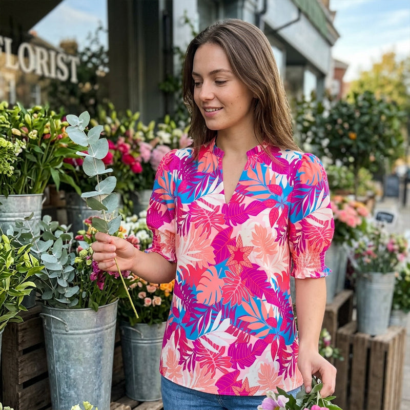 🌸 50% OFF NOW! 🌸Women's Boho V-Neck Puff Sleeve Blouse | Floral Print Dressy Casual Top for Office & Weekend Wear