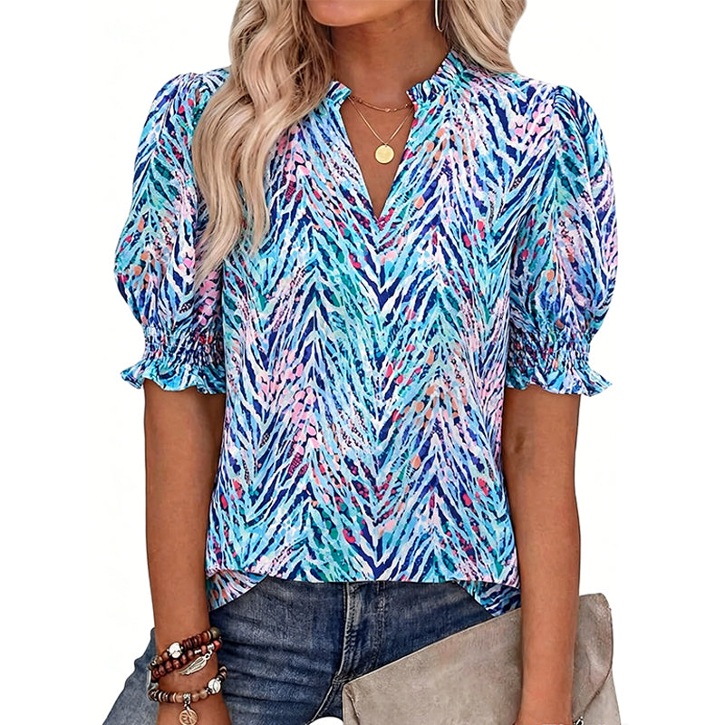 🌸 50% OFF NOW! 🌸Women's Boho V-Neck Puff Sleeve Blouse | Floral Print Dressy Casual Top for Office & Weekend Wear