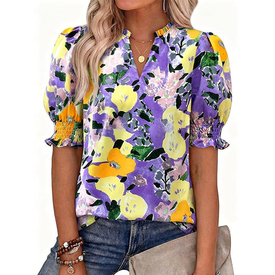 🌸 50% OFF NOW! 🌸Women's Boho V-Neck Puff Sleeve Blouse | Floral Print Dressy Casual Top for Office & Weekend Wear