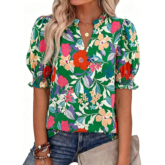 🌸 50% OFF NOW! 🌸Women's Boho V-Neck Puff Sleeve Blouse | Floral Print Dressy Casual Top for Office & Weekend Wear