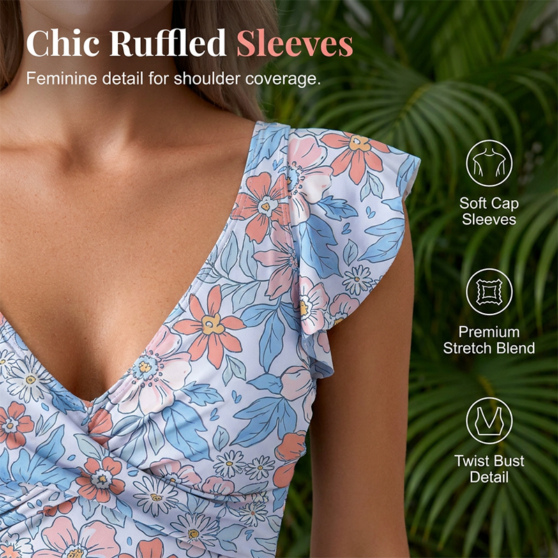 🔥50% OFF Half Price👗Women's Elegant V-Neck Tummy Control Swim Dress, Flowy One-Piece Bathing Suit for Beach Pool Vacation