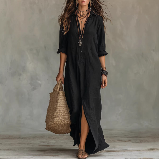 👗 LIMITED-TIME 50% OFF! 💥 Casual Loose Fit Maxi Dress with Front Slit – Collar Detail, Roll-Tab Sleeves, Earthy Tones ✨𝘉𝘶𝘺 𝘢𝘯𝘺 2 𝘢𝘯𝘥 𝘨𝘦𝘵 𝘢𝘯 𝘦𝘹𝘵𝘳𝘢 8% 𝘥𝘪𝘴𝘤𝘰𝘶𝘯𝘵
