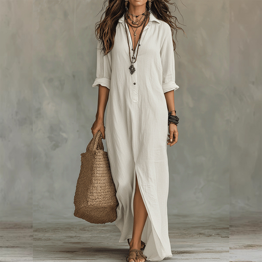 👗 LIMITED-TIME 50% OFF! 💥 Casual Loose Fit Maxi Dress with Front Slit – Collar Detail, Roll-Tab Sleeves, Earthy Tones ✨𝘉𝘶𝘺 𝘢𝘯𝘺 2 𝘢𝘯𝘥 𝘨𝘦𝘵 𝘢𝘯 𝘦𝘹𝘵𝘳𝘢 8% 𝘥𝘪𝘴𝘤𝘰𝘶𝘯𝘵